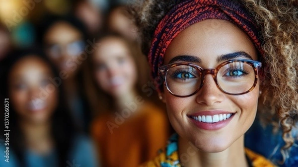 Obraz A captivating portrait of a woman with curly hair and a vibrant smile radiates warmth, showcasing confidence and charm, celebrating individuality, joy, and the beauty of genuine connections.