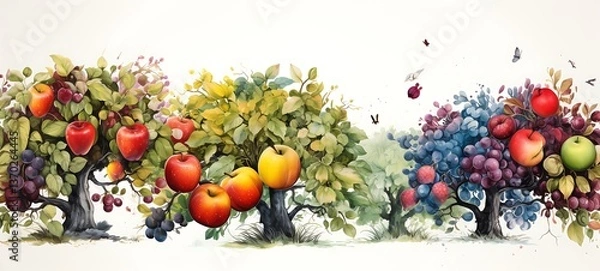 Fototapeta White background with drawings of colorful apple Garden for children, ai generative
