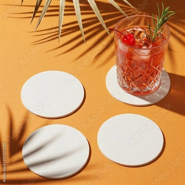 Fototapeta Refreshing Red Cocktail with Rosemary on Orange Background and Blank Coasters