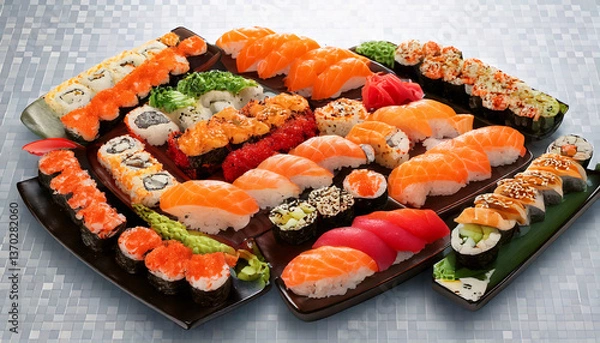 Obraz Sushi rolls on a plate with chopsticks, featuring fresh salmon, tuna, and seaweed, a traditional Japanese meal