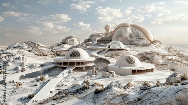 Fototapeta Futuristic Martian Colony: Dome-Shaped Buildings on a Sandy Planet with Sci-Fi Architecture and Minimalist Design Elements