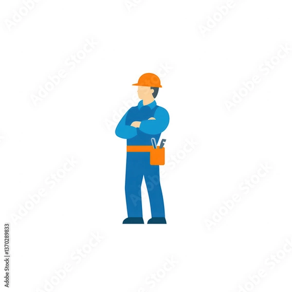 Fototapeta Construction worker standing confidently, wearing a hard hat and blue work attire, ready for the next task, isolated on a white background.