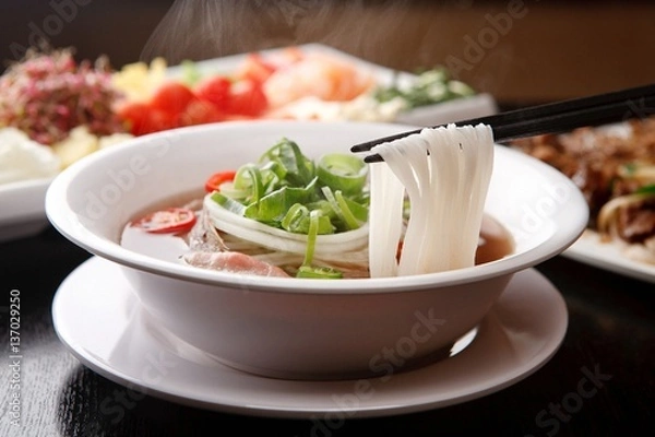 Fototapeta Fresh beef and onion, light and delicious beef rice noodle made of ingredients