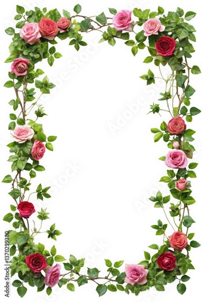 Fototapeta A vibrant floral frame adorned with pink and red roses, surrounded by lush green leaves, perfect for adding a touch of nature to any design.