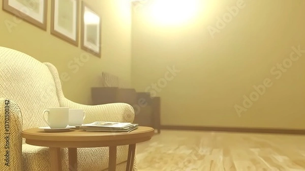 Fototapeta Cozy Living Room Interior with Sofa and Coffee Table in Warm Lighting and Minimalist Decor