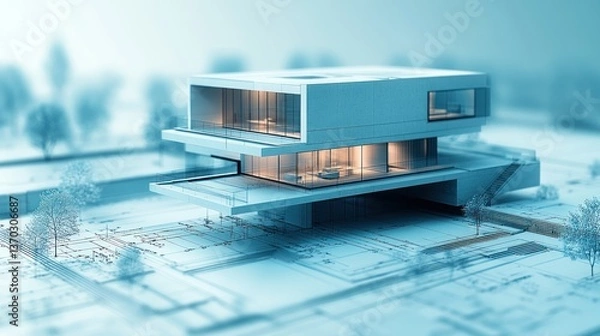 Fototapeta Modern Architectural Design: Luxurious House Model on Blueprint