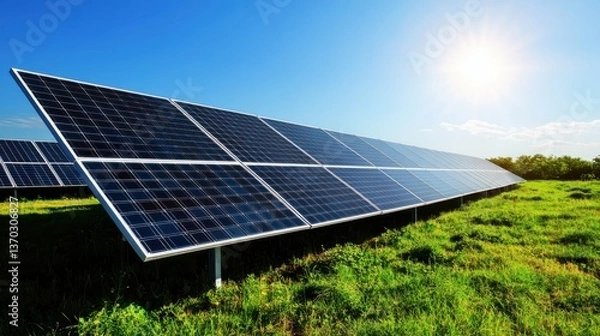 Obraz Solar panels on a field capturing sunlight, emphasizing renewable energy, sustainability, and environmental impact in a bright blue sky setting