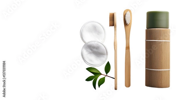 Obraz A reusable bamboo toothbrush, natural toothpaste, and eco-friendly cotton pads Isolated On PNG Transparent and White Background 