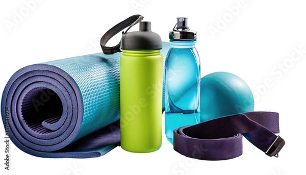 Obraz A set of fitness accessories including a yoga mat, resistance bands, and a water bottle Isolated On PNG Transparent and White Background 
