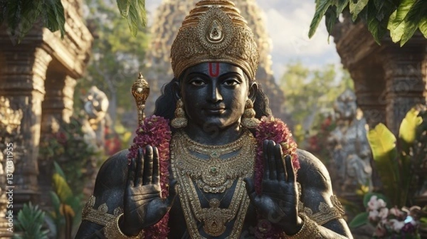 Fototapeta Close up of a deity statue with golden crown and garland in a temple setting