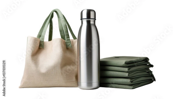 Obraz A stainless steel reusable water bottle and eco-friendly shopping bags stacked neatly Isolated On PNG Transparent and White Background 