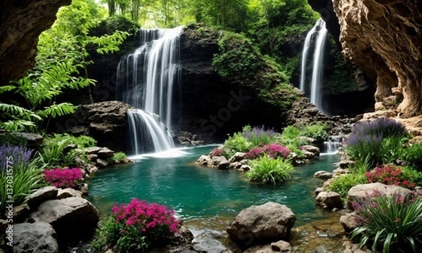 Fototapeta Golden sunrise reflecting on a cascading waterfall in a vibrant spring garden – Tranquil outdoor retreat with lush foliage and clear waters