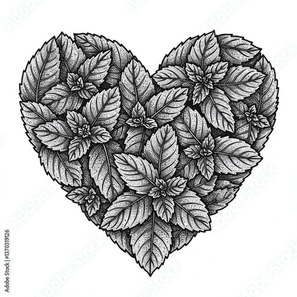 Fototapeta Mint Heart: A visually captivating artistic depiction of a heart formed entirely from intricate mint leaves, conveying freshness and organic essence.