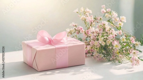 Obraz Pastel Pink Gift Box with Ribbon and Fresh Flowers on a White Table