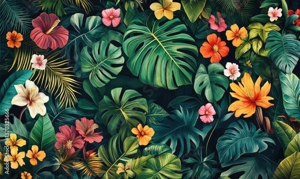 Fototapeta Lush Tropical Foliage and Colorful Flowers Digital Illustration with Detailed Botanical Accents Dense Composition and a Variety of Textural Green Leaves