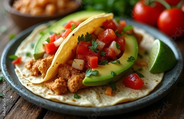 Fototapeta A taco with marinated chicken avocado and a fiery salsa served on a stone plate with a side of beans