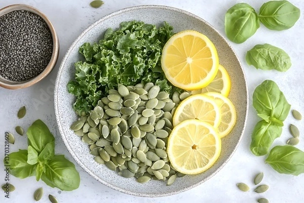 Fototapeta Healthy Bowl with Kale, Lemon, and Seeds