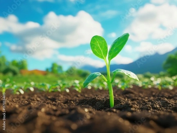 Fototapeta A young seedling rising towards the bright sky in cultivated farmland