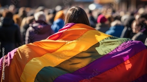 Obraz International Day Against Homophobia. A rainbow flag fluttering against a cityscape where people of different orientations and nationalities are united in a show of love and support. 