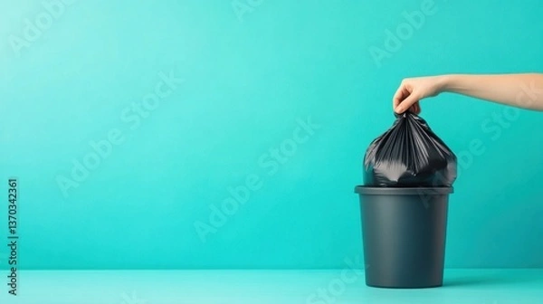 Fototapeta Hand placing black garbage bag into a modern trash bin against a vibrant turquoise background emphasizing cleanliness and responsible waste disposal practices