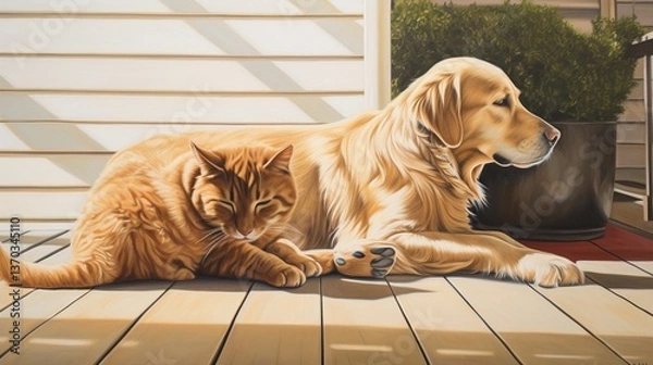 Obraz A heartwarming scene of a tabby cat and a golden retriever lying side by side on a sunlit porch their tails entwined in a symbol of friendship capturing the serene and affectionate bond between the ca