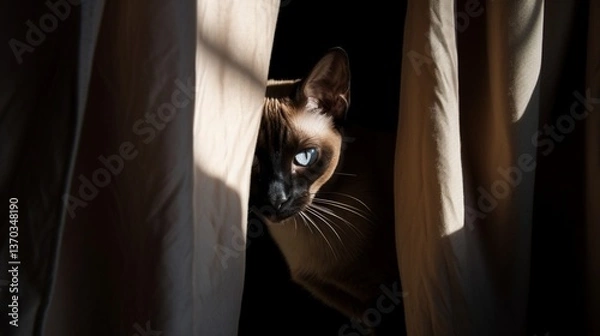 Obraz A mischievous Siamese cat playfully peeking out from behind a curtain sunlight streaming through creating a dramatic play of shadows emphasizing the cat's playful and curious nature Photography mirror