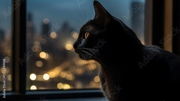 Obraz A regal black cat perched on a window sill at twilight casting a mysterious silhouette against the fading city lights its eyes reflecting the urban hustle below capturing the cat's poised and enigmati