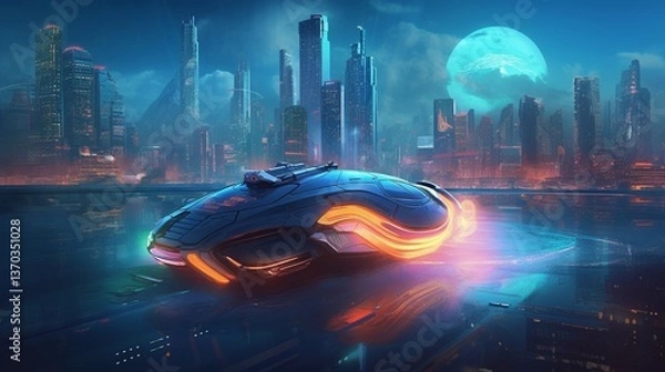 Obraz A sleek and futuristic hovercraft soaring above a bustling cityscape with neon lights showcasing advanced technology and urban mobility emphasizing the dynamic and high-tech nature of the transport Il