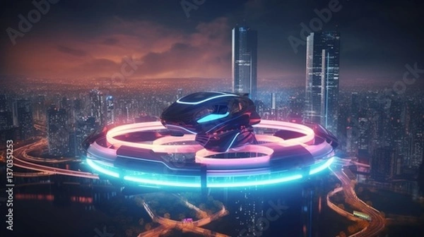 Fototapeta A sleek and futuristic hovercraft soaring above a bustling cityscape with neon lights showcasing advanced technology and urban mobility emphasizing the dynamic and high-tech nature of the transport Il