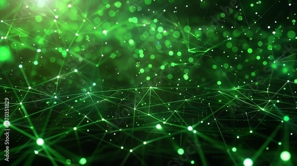 Fototapeta Glowing green particles form a network of connections on a dark background.