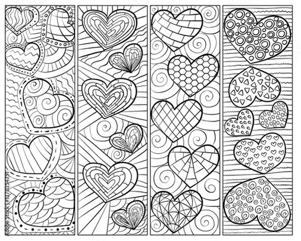 Fototapeta set of coloring bookmarks with doodle patterns, outline design with hearts and fantasy lines