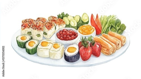 Fototapeta An exquisite watercolor representation of a plate of food showcasing colorful ingredients and beautiful presentation on white