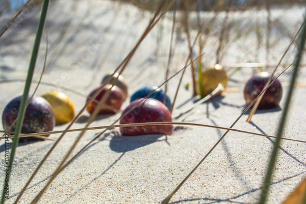 Obraz Bunte Ostereier in den Dünen, am Strand in Thiessow auf Rügen
