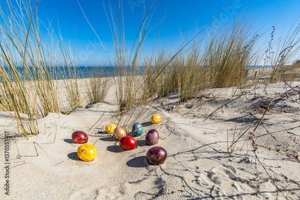 Obraz Bunte Ostereier in den Dünen, am Strand in Thiessow auf Rügen