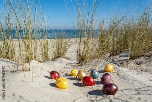 Obraz Bunte Ostereier in den Dünen, am Strand in Thiessow auf Rügen