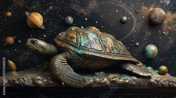 Fototapeta An epic Hawksbill Turtle journeying through a cosmic ocean surrounded by celestial bodies planets and galaxies creating a sense of vastness and interstellar adventure Sculpture metallic materials with