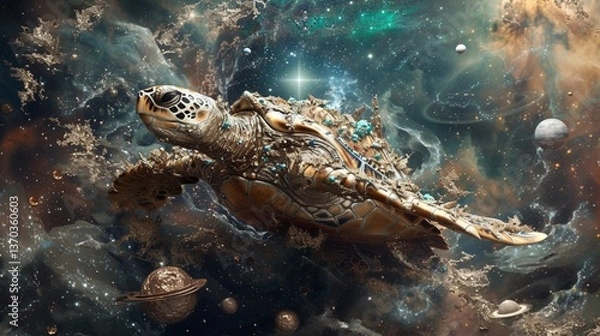 Obraz An epic Hawksbill Turtle journeying through a cosmic ocean surrounded by celestial bodies planets and galaxies creating a sense of vastness and interstellar adventure Sculpture metallic materials with