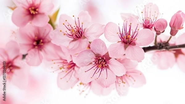 Fototapeta Pink cherry blossoms blooming on a white background, high-definition, high-resolution shots, the surreal beauty of delicate petals and fresh green leaves, a serene and idyllic view of spring.