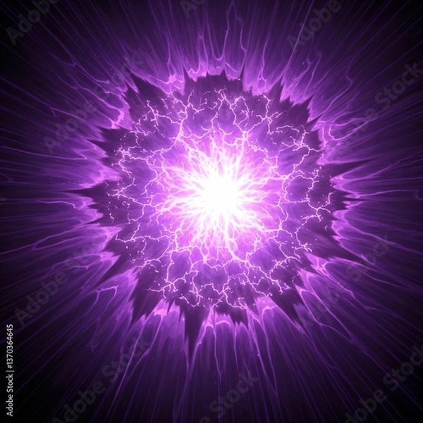 Fototapeta 中心から紫色の電撃が放射状に広がるスタイリッシュな背景 - アニメやゲームの戦闘シーン、魔法の発動イメージに