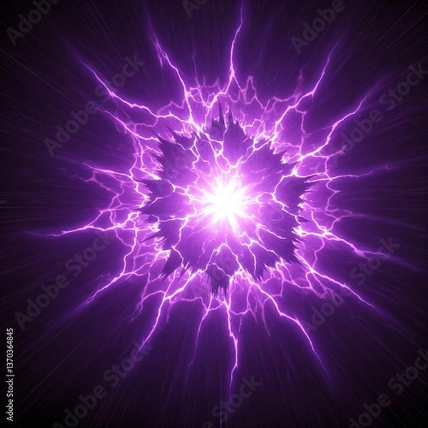 Fototapeta 中心から紫色の電撃が放射状に広がるスタイリッシュな背景 - アニメやゲームの戦闘シーン、魔法の発動イメージに