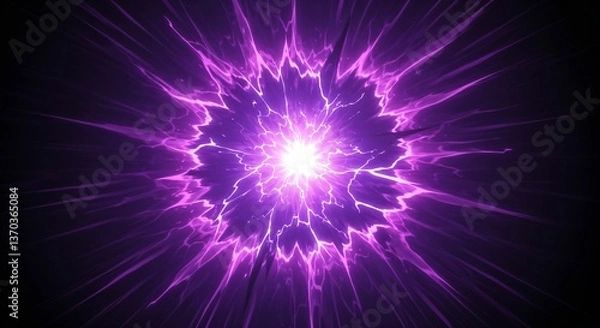 Fototapeta 中心から紫色の電撃が放射状に広がるスタイリッシュな背景 - アニメやゲームの戦闘シーン、魔法の発動イメージに
