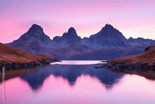 Fototapeta Serene sunset reflection mountain lake photography natural landscape tranquil view nature's beauty