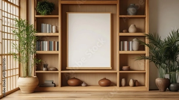 Fototapeta Modern Japanese-style room with wooden shelves and blank canvas