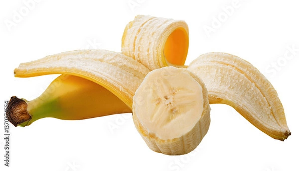 Fototapeta Half pealed banana Isolated On PNG Transparent and White Background 