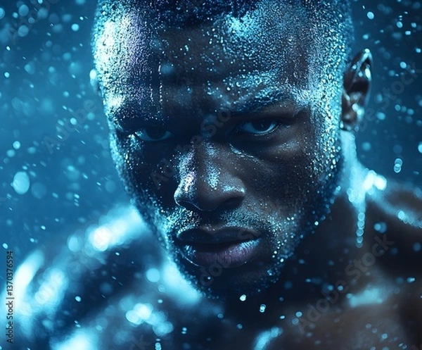 Fototapeta The Intensity of Perseverance: A powerful portrait of an athlete, his face illuminated by the glistening droplets of water.
