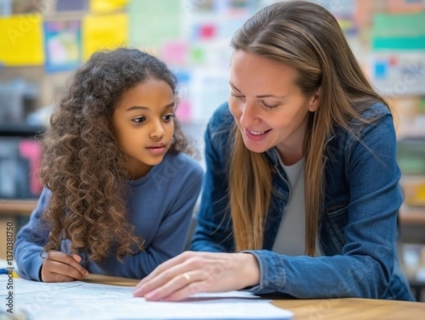 Obraz Enthusiastic Teacher-Student Interaction in a Creative Classroom - Fostering Academic Growth and Positive Reinforcement through Engaging Tutoring Sessions