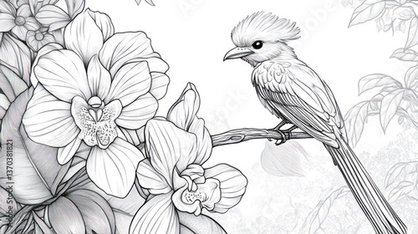 Fototapeta Detailed line drawing of bird perched on orchid branch