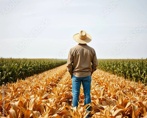 Fototapeta an expansive agricultural scene. The layout is a symmetrical, aerial view focusing on a single individual standing in the middle of a vast cornfield. The person, seen from behind, is wearing a wide-br
