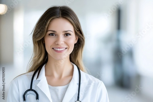 Obraz Confident Female Doctor in White Coat and Stethoscope, Smiling in Front of High-Tech Medical Background, Healthcare Professional, Medical Portrait, Doctor’s Office, Medical Team