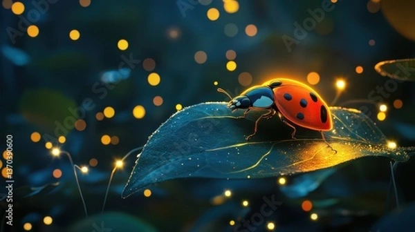 Fototapeta A glowing ladybug resting on an enchanted leaf, surrounded by tiny twinkling fairy lights in a magical forest